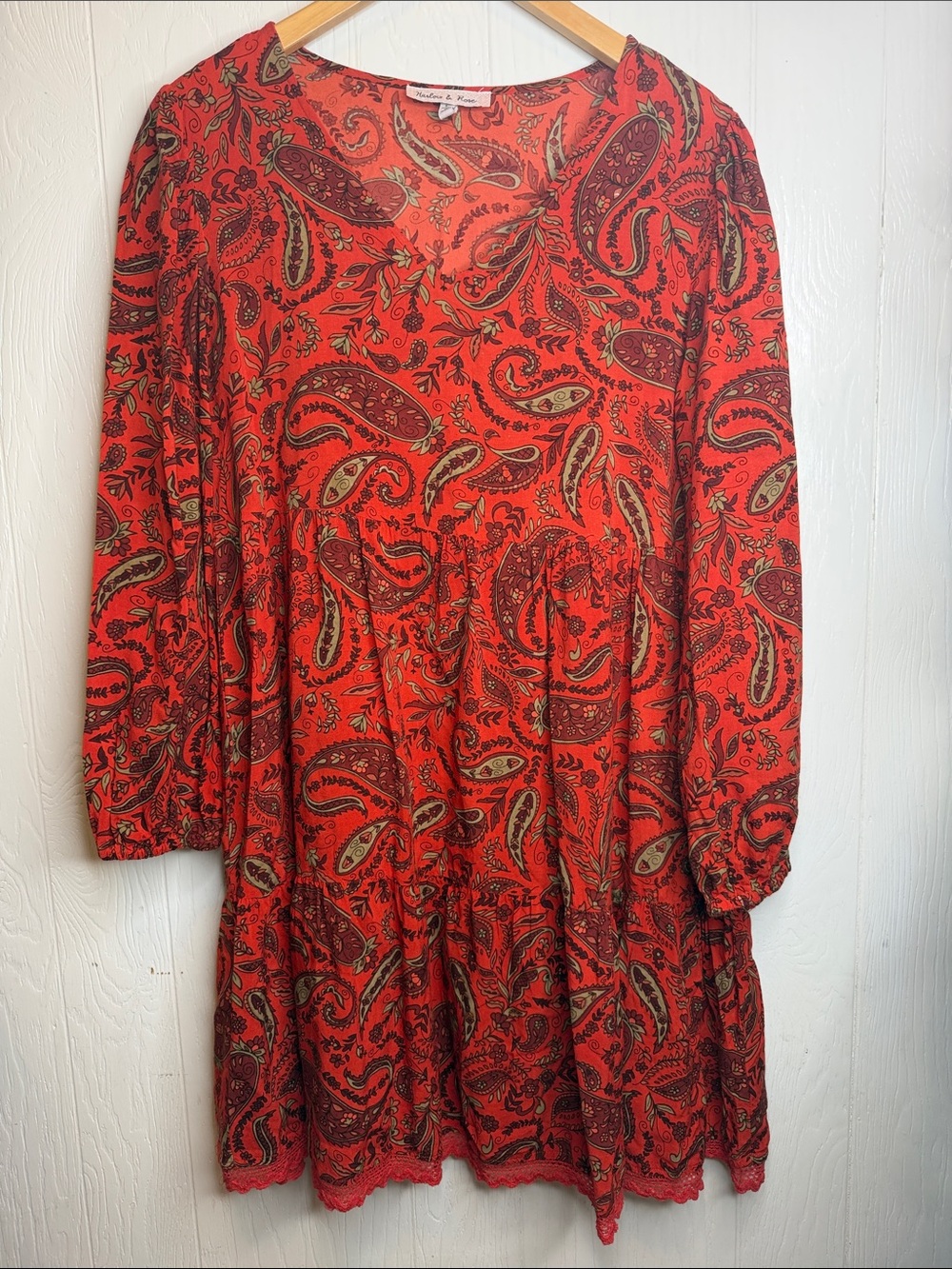 Boho Paisley Red Tiered Long-Sleeve Dress